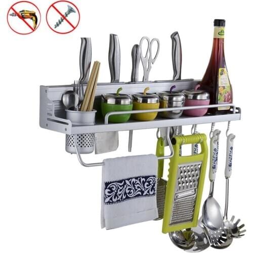 Kitcehn Storage Racks Shelf With Hooks Multi-purpose Metal Wall-mounted Knife Blocks Bottles Jars Storage Shelf Organizer Holder