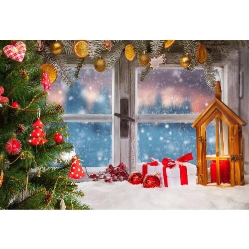 VinylBDS Backdrops Christmas Tree Winter Snow Backgrounds For Photo Studio Window Red Glass Baubles Photography