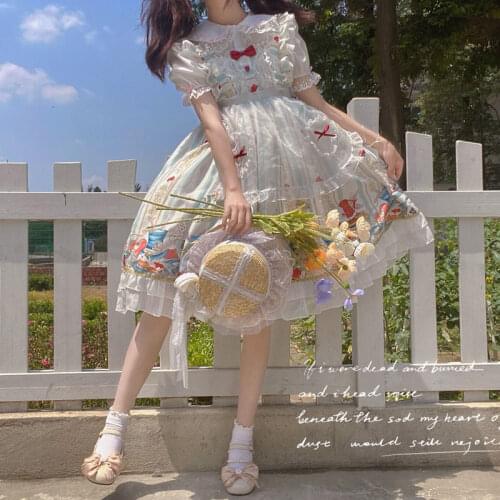 Vintage Kawaii Tea Party Princess Lolita Dress JSK Japanese Sweet Cute Girl Print Soft Girl Spaghetti Strap Dress Women Vestidos