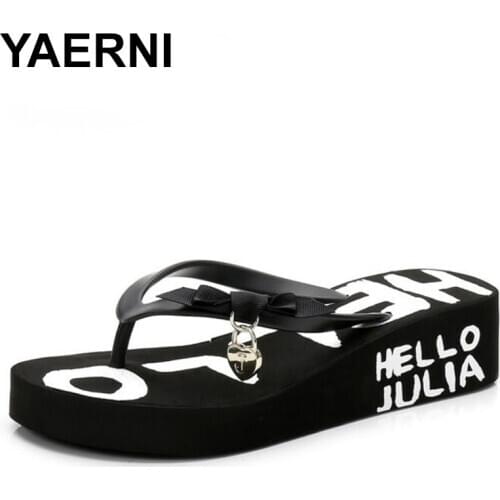 YAERNI Fashion letters beach shoes thongs wedge non-slip thongs platform slippers home sandals women summer shoes new