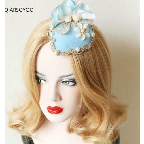 QiARSOYOO Fairy Lace Hair Clip For WOmen Fashion Flower Top Hat Sky Blue Sea Shell Party Hairpins Girls Travel Hair Accessories