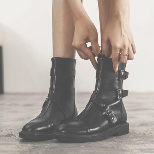 Goth Motorcycle Boots Women Fashion Punk Platform Flat Fall Shoes Gothic PU Leather Buckle Zipper Mesh Hollow Out Ankle Boots