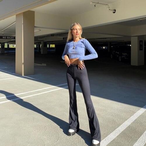 Womens Solid Color Flared Pants High Waist Stretch Tights 2021 Spring And Autumn New Fashion Personality High Street Leisure