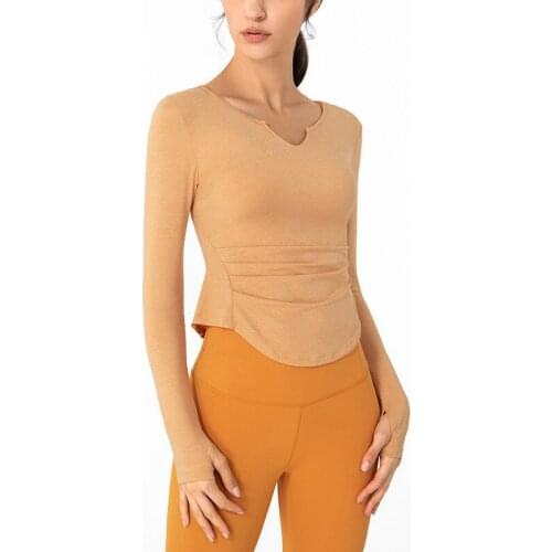 Women Long Sleeve Run Shirts Nudity Yoga T-Shirts Solid Sports Shirts Quick Dry Fitness Gym V-Neck Slim Fit Blouse Sport Wear