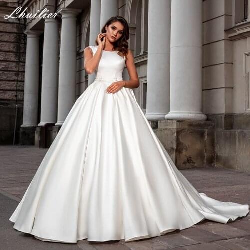 Lhuilier Womens A Line Scoop Neck Satin Wedding Dresses 2021 Beaded Sleeveless Floor Length Bridal Gowns with Court Train