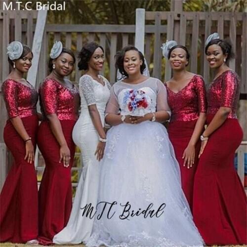 Sparkly Burgundy African Bridesmaid Dresses 2020 Wholesale V Neck Half Sleeves Long Maid Of Honor Dress Customize