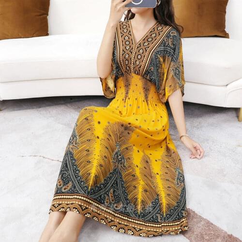Summer New Womens Bat Sleeve V-neck Fashion Elegant High Waist Show Thin Ethnic Style Printed Lady Long Dress