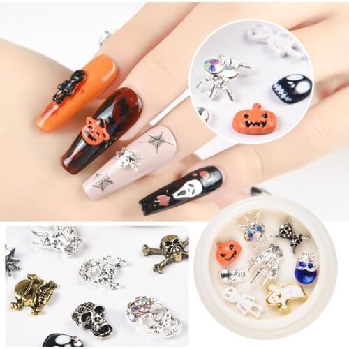 1 Box/8pcs Halloween Nail Art Nail Art Jewelry Set Metal Spider Skull Pumpkin Cross Ghost Festival Nail Diamond Set