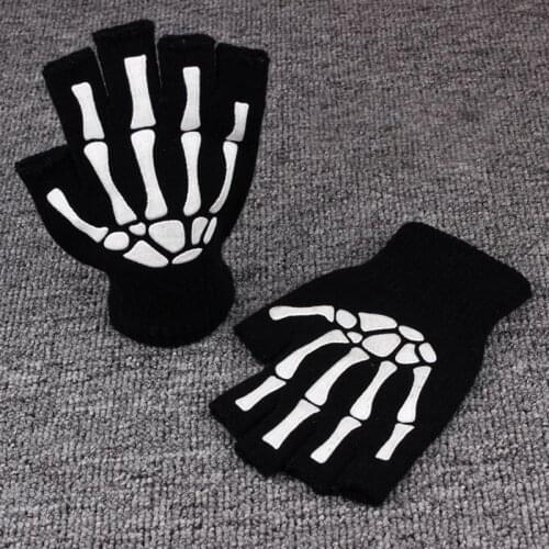 2021 Printing Fluorescent Skeleton Skull Knitted Half Finger Glove Cool Autumn Winter Black Ridding Knitting Gloves for Children