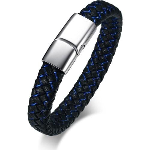 2021 Simple Style Stainless Steel Microfiber Leather Material Blue And Black Leather Suitable For Mens Fashion Charm Bracelet
