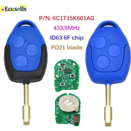 3 Buttons Remote Car Key FOB 433MHz 4D63 6F Chip FO21 Blade for Ford Transit WM VM 2006-2014 P/N: 6C1T15K601AG Black or Blue