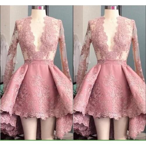 Dusty Pink Evening Dress Short Robe De Soiree Evening Dresses Formal Evening Gowns Sexy Deep V Applique Pleat Party Gowns