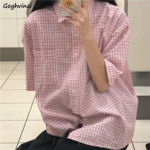 Women Blouses Shirts Plaid Short Sleeve Summer Casual Tops All-match Harajuku Students Vintage Sweet Preppy Korean Style Fashion