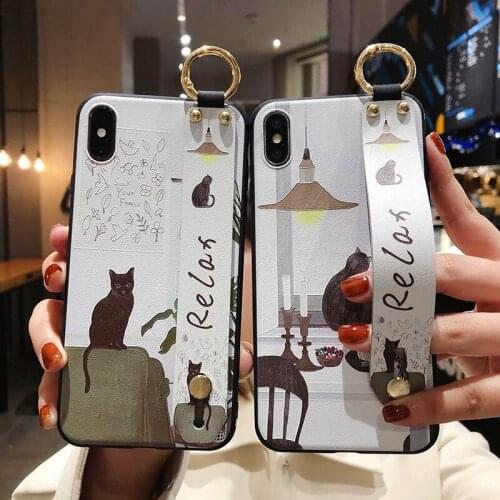 Wrist Strap Holder Phone Case For iPhone 11 Pro Max XR XS X 7 8 6S Plus Cartoon Cat Soft TPU Hand Band Funda for iphone 11pro