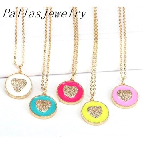 5Pcs Colorful Enamel Cz Heart Round Pendant Necklace for Women Fashion Gold Color Coin Statement Choker Necklace Jewelry Girls
