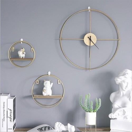 Hotel Home Living Room Wall-Mounted Metal Clock Nordic Style Decoration Storage Storage Rack Metal Wood Shelf Wall Clock