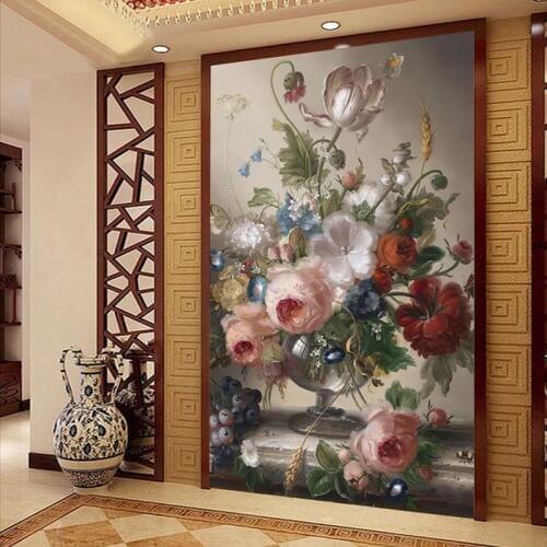 Custom Photo Wallpaper 3D Vase Floral Oil Painting Murals Living Room Entrance Backdrop Wall Paper For Walls 3 D Papel De Parede