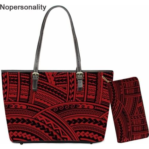 Nopersonality 2pcs/set Handbag Polynesian Traditional Tribal Print PU Leather Shoulder Bag for Women Large Tote Bag Purse Wallet