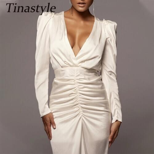 Tinastyle Deep V Neck Pleated Sexy Satin Dress Women Puff Sleeve Bodycon Party Dresses Elegant OL Long Dresses Vestidos Black