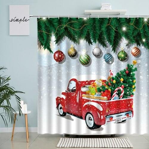 Merry Christmas Shower Curtain Xmas Gift Car Tree Snow Winter Theme Holiday Bathroom Wall Decor With Hook Waterproof Curtains