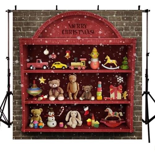 Christmas Background Backdrops Photo Backdrop Brick Wall Snowflake Cabinet Many Toys Cars Bear Snowman Gifts for Baby Childrens