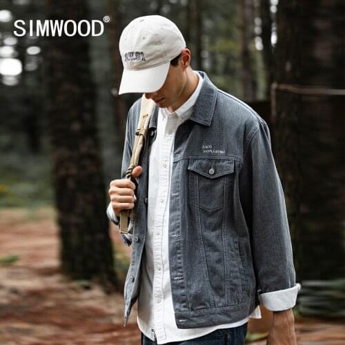 SIMWOOD 2021 Autumn New Oversize Denim Jackets Men Dark Washed Embroidery logo Trucker Jean Jacket 100% Cotton Loose Coats