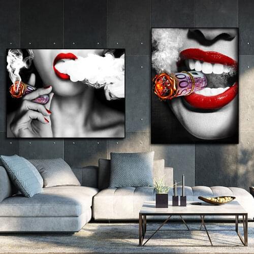 Modern Fashion Wall Art Prints Smoking Woman Money Art Poster Home Decor Pictures for Living Room Frameless Wall Art