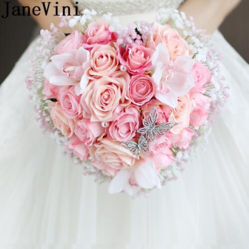 JaneVini Heart-shaped Bridal Wedding Bouquets Pink Champagne Rose Bouquet for Brides Rhinestone Artificial Flower Bridal Bouquet