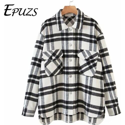 Vintage Plaid Pocket Plaid Oversize Jacket Coat 2020 Women Fashion Slim Long Sleeve Warm Jacket Coat Famale Outerwear Chic Top