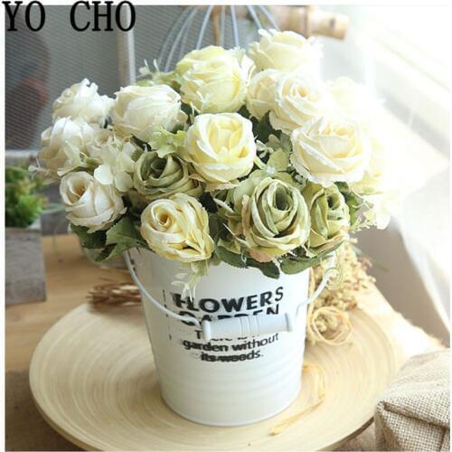 YO CHO 6 Heads Silk Rose Fake Flower Bouquet Artificial Flowers Red Silk Bride Wedding Hand Flowers Home Party Decoration Flores