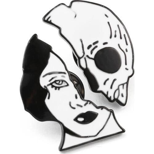 Goth Women Half Skull Brooches Black White Skeleton Couples Romantic Enamel Pin Halloween Badge Pins Clothes Fashion Accessories