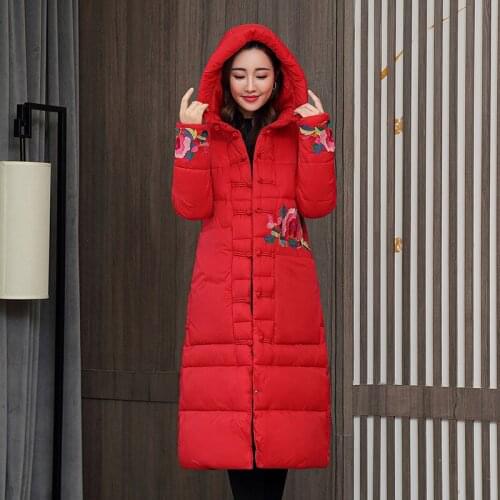 Ethnic Style Cotton Jacket Womens 2021 Winter New Chinese Embroidery Thickened Long Knee-Length Hooded Cotton Overcoat Ladies