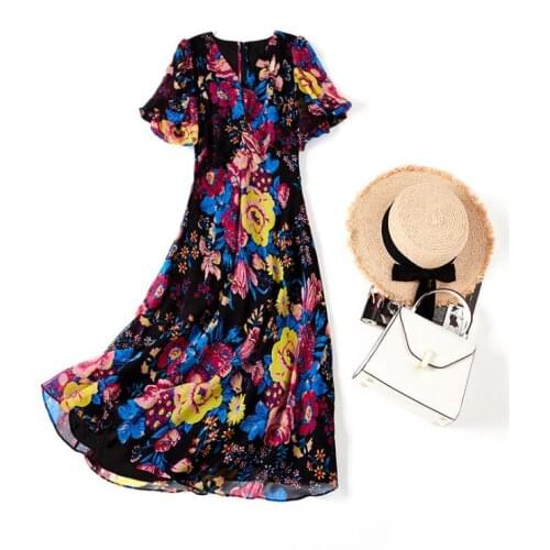 American European womens and wear 2021 summer new style Short sleeve V-neck floral print Fashion 100% silk dresses