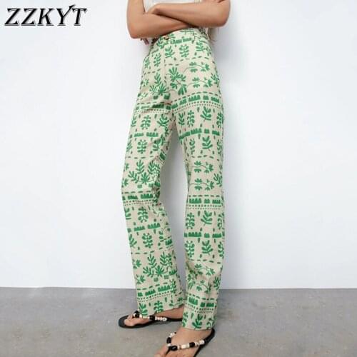 ZZKYT 2021 Women Spring Fashion Floral Print Straight Pants Vintage Pockets High Waist Zipper Female Ankle Trousers Pantalones