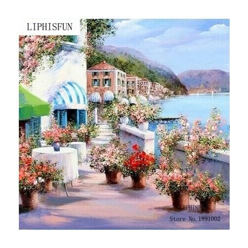 5D Full Square Drill Diy Diamond Painting Handmade Landscape Seaside House And Flowers Cross Stitch Diamond Embroidery