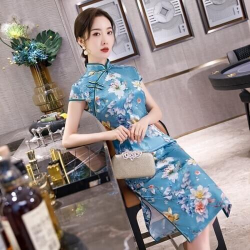 2020 New Mid-Length Cheongsam Girl Young Elegant Slim Student Female Catwalk Improved Dress Chinese Style Classic Modern Qipao