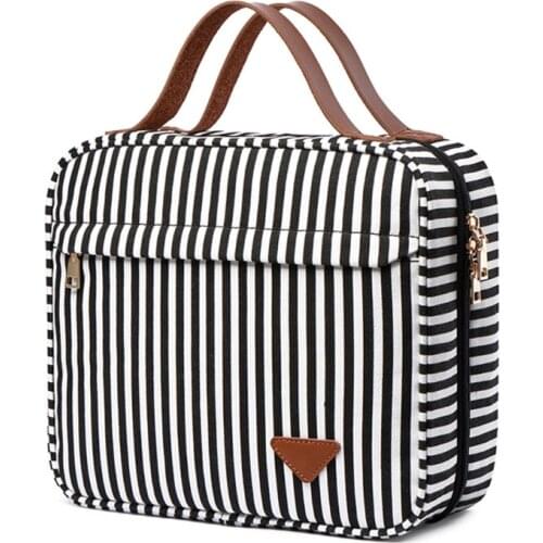 Travel Striped Toiletry Bag with Hanging Hook 4 Compartments Large Capacity Cosmetic Organizer Zippered Waterproof Makeup Pouch