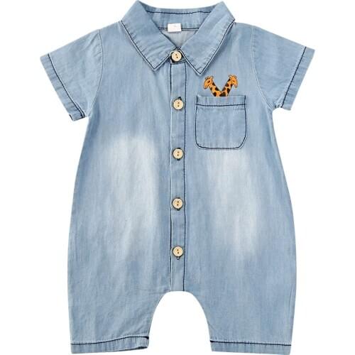 Newborn Infant Denim Romper Short Sleeve Cartoon Giraffe Print Jumpsuit for Baby Boys Girls