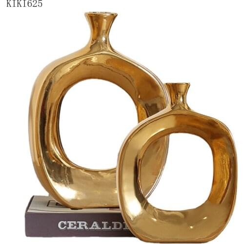 European Golden Hollow Vase Ceramic Gilded Flower Arrangement Container Crafts Gift Room Countertop Flower Vase Home Decoration