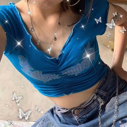 Fairy Grunge Graphic Print T-shirts 2000s Aesthetic Cyber Y2k Summer Clothes Women Frill Short Sleeve Crop Top Femme Alt Tops