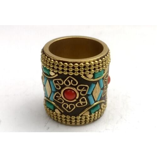YIZHU CULTUER ART Collection Old China Bronze Carving Inlay jewelry Thumb Rings or Pendant Family Decoration Gift