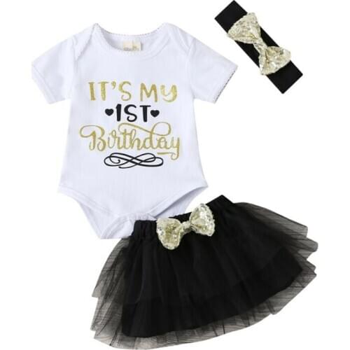 Newborn Baby Girl Short Sleeve Romper Letter Top Tulle Tutu Voile Skirts Headband 1st Birthday Outfit 0-18M