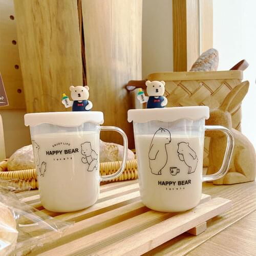 Water Cup Girl Bear Glass Cup Ins Wind Mug Cute Graduation Breakfast Cup with Lid Milk Cup
