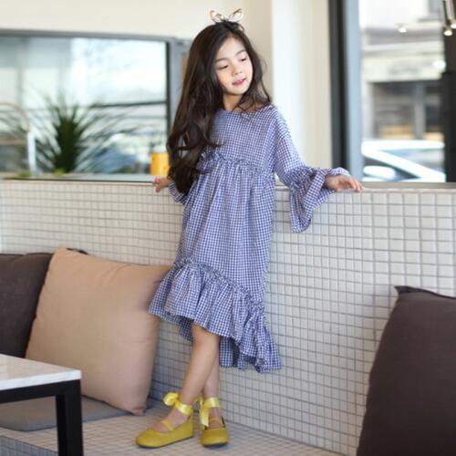 4 to 14 years kids & teens girls summer plaid ruffle asymmetrical cotton causal dress kids fashion flare sleeve dresses