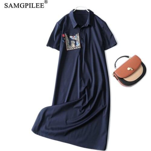 Summer Women Dresses 2021 New Korean Style Embroidered Animal Pocket Polo Collar Short Sleeve Comfortable Cute Plus Size Dress