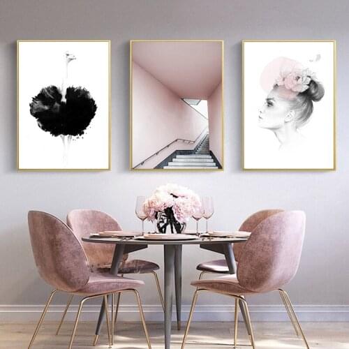 Pink Girl Ostrich Building Wall Art Canvas Painting Nordic Decoration Picture Posters and Prints Living Room Modern Home Decor