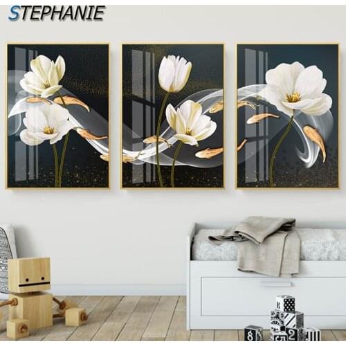 Nordic White Flower Wall Art Canvas Painting Abstract Golden Fish Posters N Prints Luxury Wall Pictures for Living Room Bedroom
