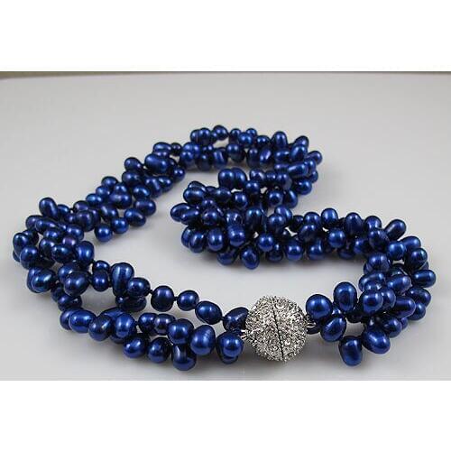 Dark Blue Color Genuine Freshwater Pearl Necklace Triple Rows Genuine Pearl Jewelry 18 Inches Perfect Magnet Clasp