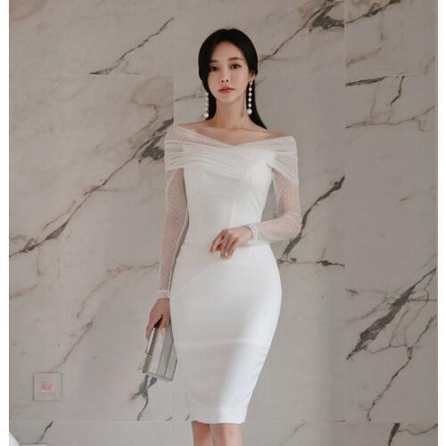 Big Size Lace Patchwork Wrap White Dress Women Long Sleeve Solid Dinner Dress for Women Elegant Casual Dress Autumn Winter 2019
