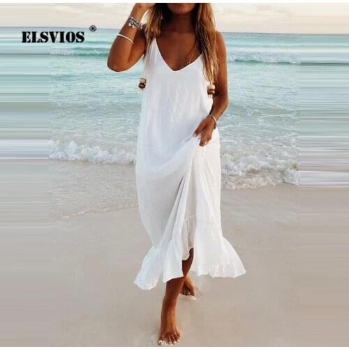 Summer Sexy Ladies Sleeveless Backless Sling Ruffled Beach Holiday Dress Casual V Neck Bohemia Solid Color Womens Loose Dresses